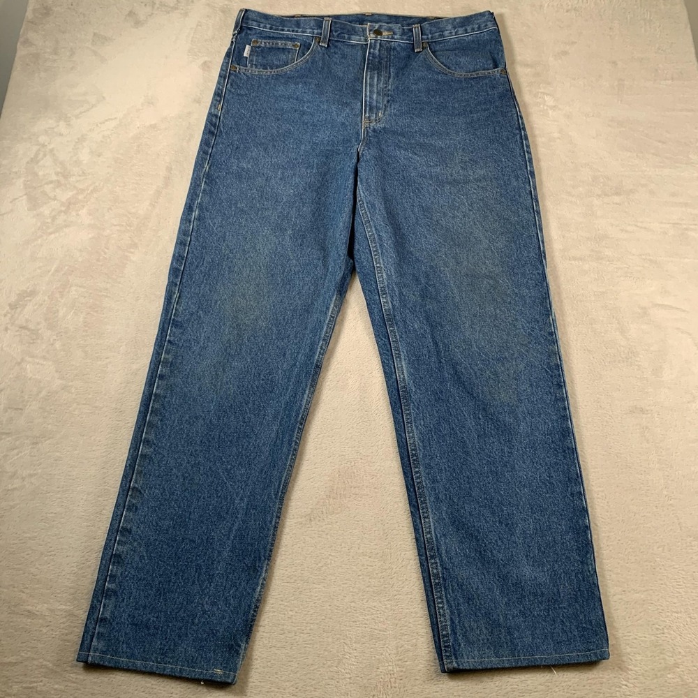 Carhartt Jeans Mens 36x31 Blue B17-DST‎ Straight Leg Workwear Denim Pants Stain